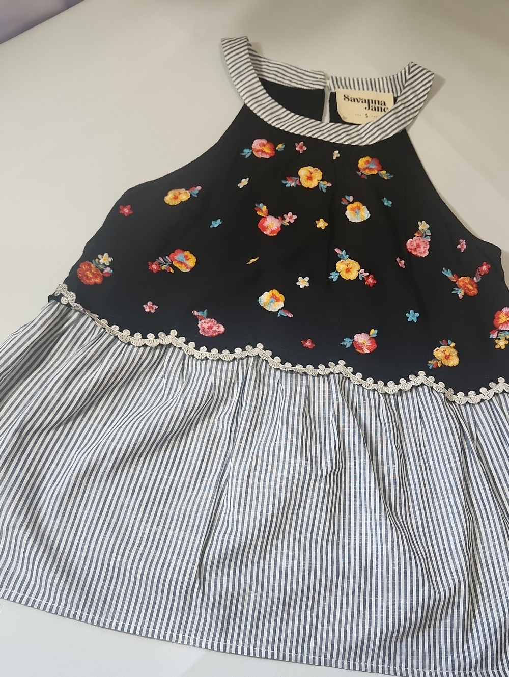 🐦Savanna Jane Black Floral Halter Top with Blue Stripe Skirt